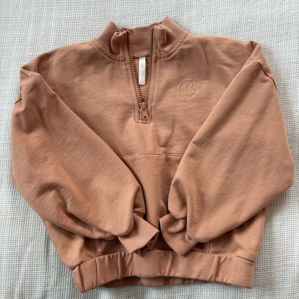 Rylee + Cru Muted Tan/Brown Kids Smiley Face Pullover Quarter Zip Sweatshirt
